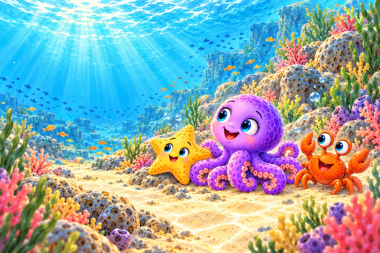 Karla, Sam und Kiki vollständig im sonnenbeschienenen Korallenriff